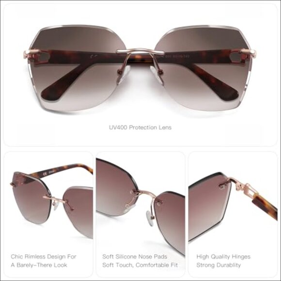 Oversized Rimless Sunglasses with Diamond Cutting Gradient Lens UV400 Protection